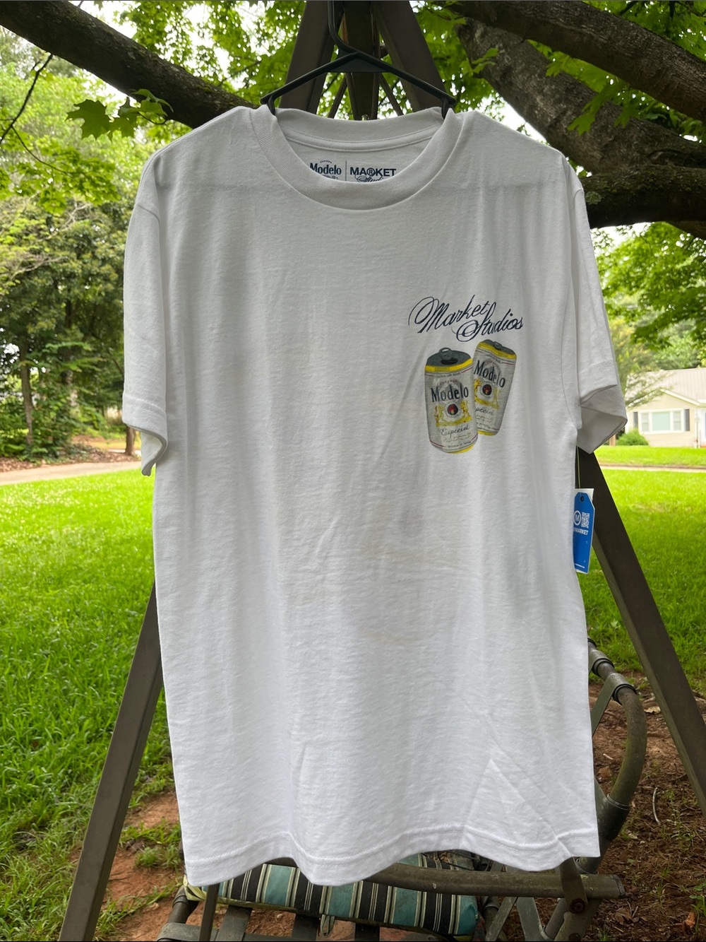 MARKET White Short Sleeve T-Shirt with Modelo Can Graphic NEW